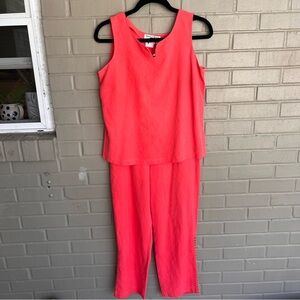 Nancy Bolen 100% Silk Two Piece Set, Coral Pink Top & Pants w/ Embellishments M